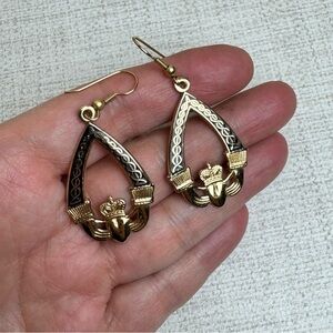 Gold Tone Black Enamel Celtic Claddagh Drop Dangle Pierced Earrings